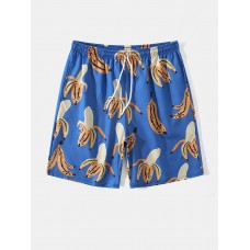 Men Banana Print Mid Length Beachwear Shorts